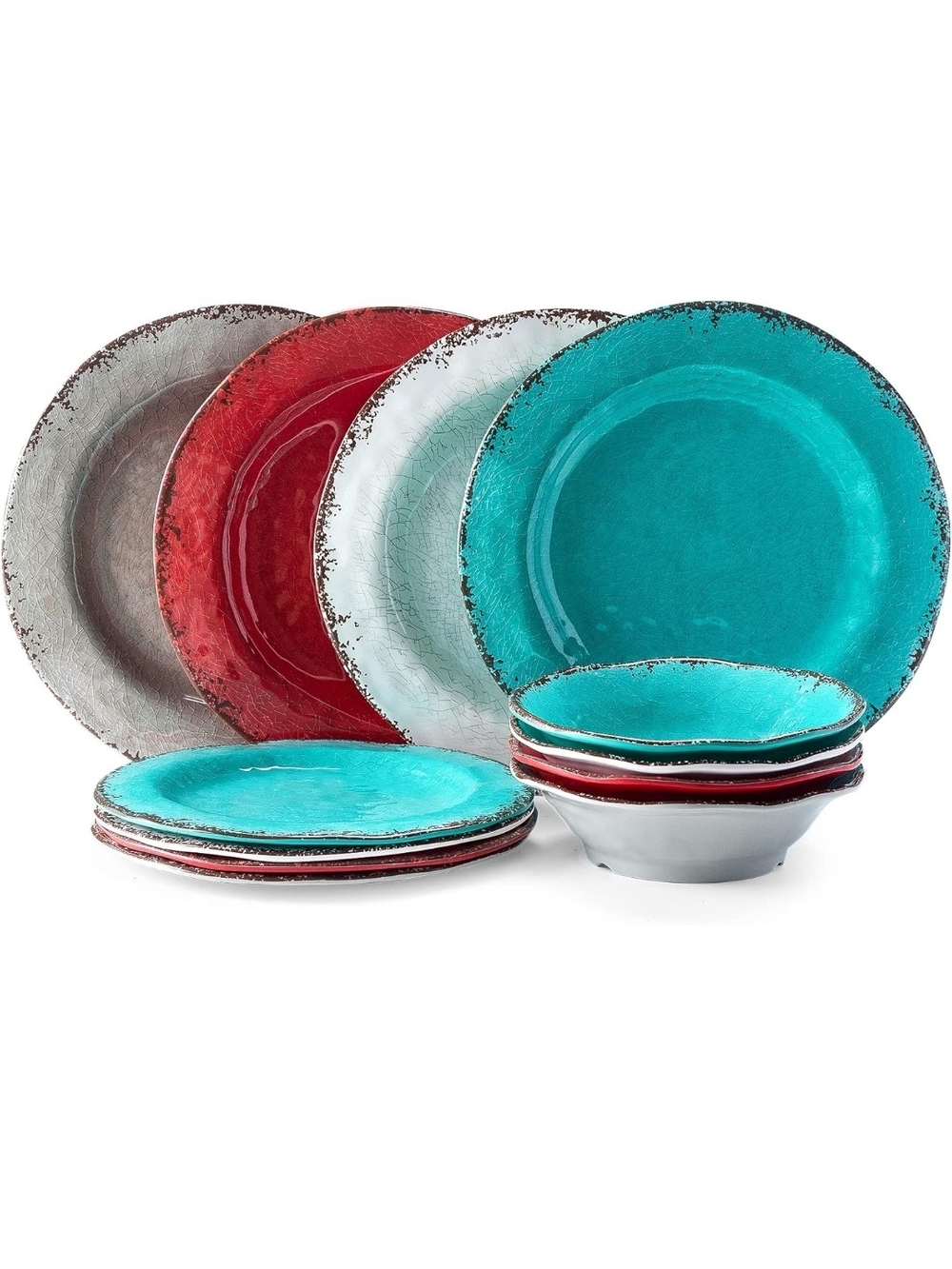 Rustic Turquoise and Red Melamine Dinnerware Set - Outdoor dining.